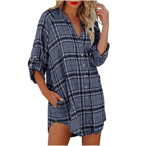 USSUMA Roll Up Sleeve Women Tops Dressy Casual Plus Size Button Up Loose Trendy T-Shirt Shirts Plaid Color Block Tunics Top Plus Size for Women V Neck Fall Female Blouse Long Sleeve