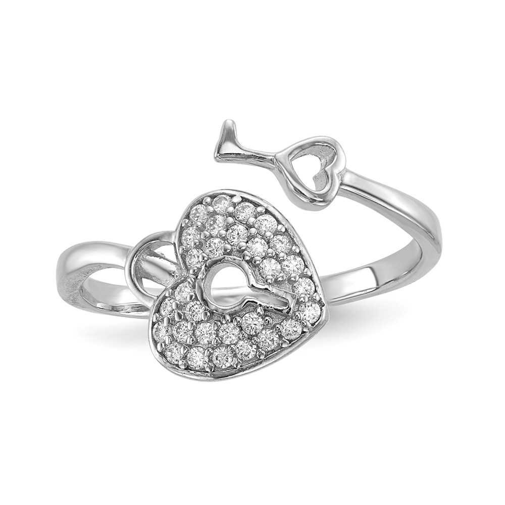 Mia Diamonds 925 Sterling Silver Rhodium-Plated Cubic Zirconia (CZ) Heart Lock and Key Ring Size - 6 - image 1 of 4