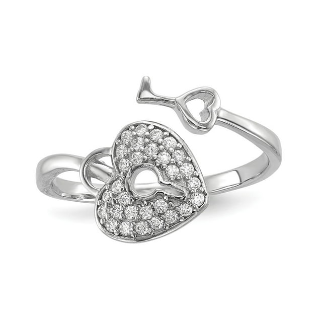Mia Diamonds 925 Sterling Silver Rhodium-Plated Cubic Zirconia (CZ) Heart Lock and Key Ring Size - 6