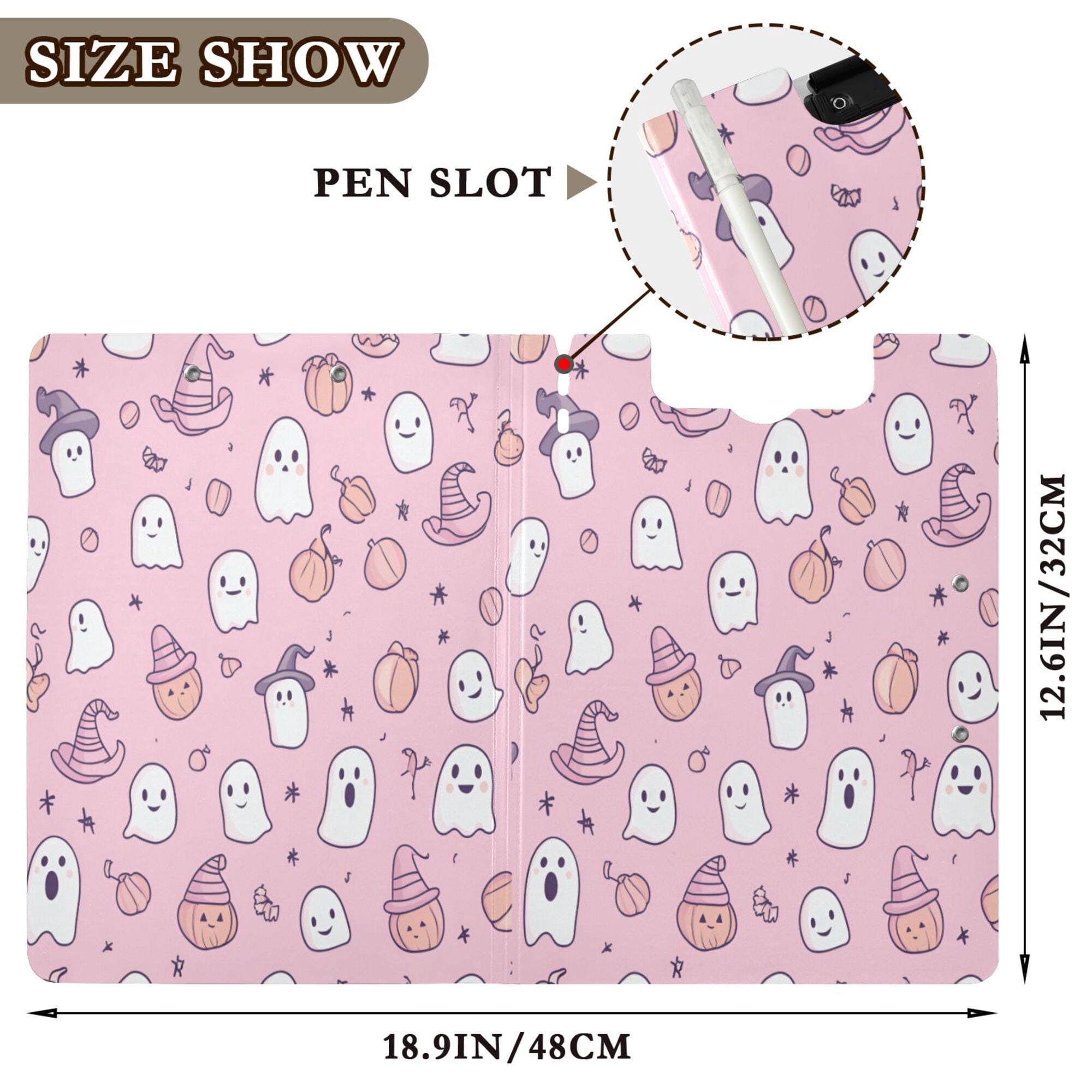 FORMRS A4 Clipboard Folder with Pen Holder Horizontal Foldable School Office Binder, Pink Halloween