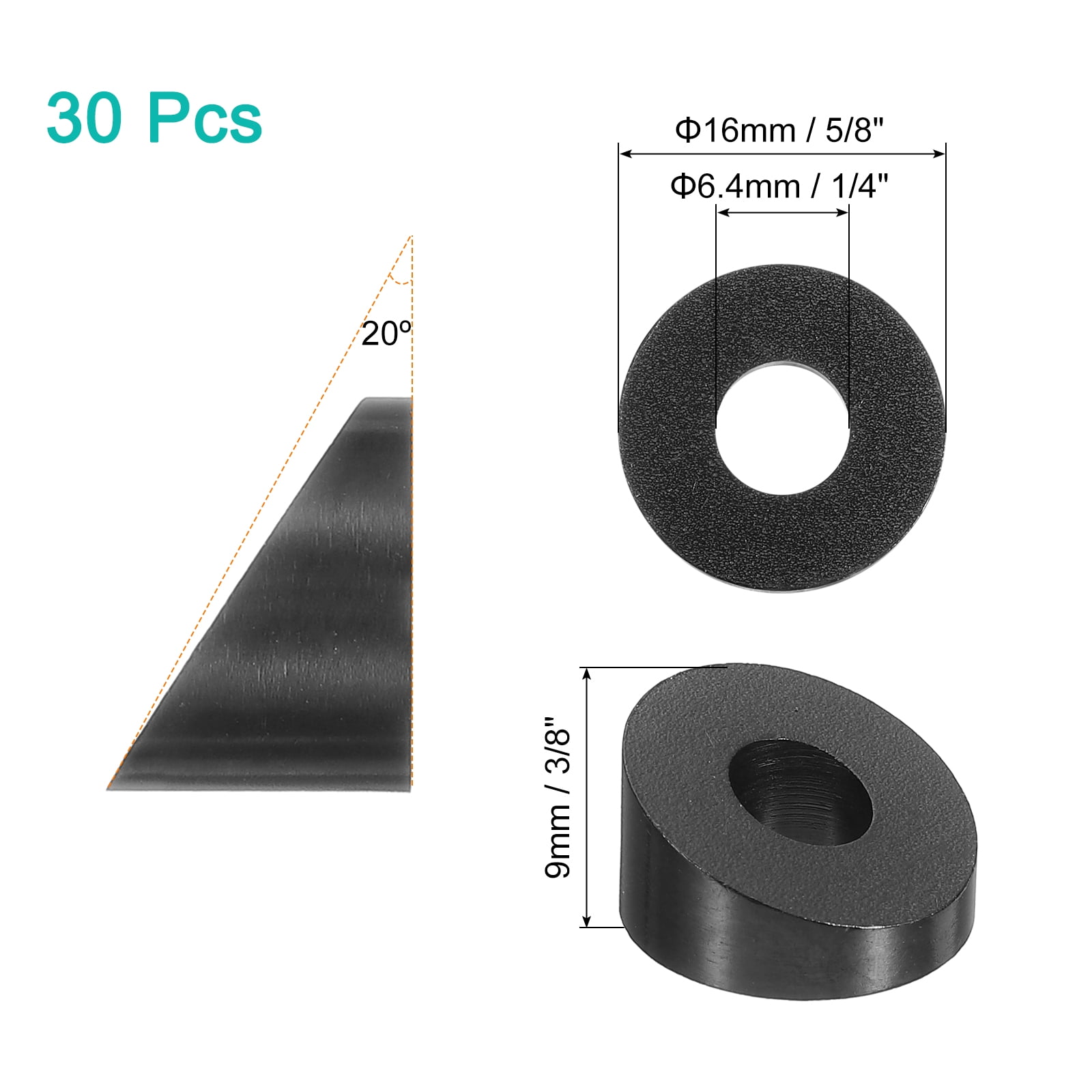 30 Pack 1/4 Inch 20 Degree Angle Beveled Washer, T316 Stainless Steel Angled Washer for Cable Railing Stair Ends Wood Metal Posts, Black