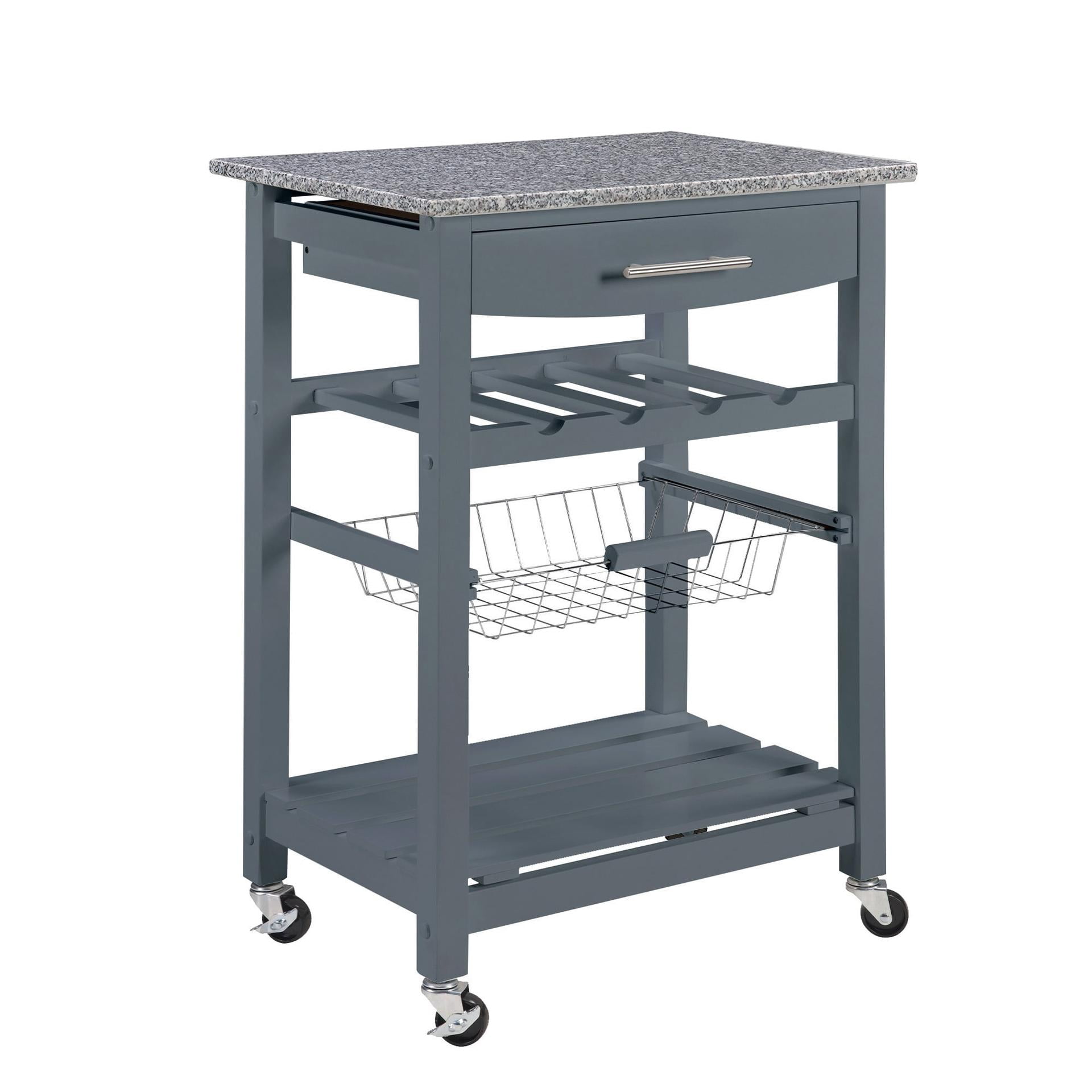 Mobile Rolling Kitchen Island Trolley Serving Cart with Underneath Drawer & Slide-Out Wire Storage Basket