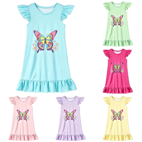 Gunia Little Girls Nightgown Princess Pajamas Playful Nightdress Cute Butterfly Print Flutter Sleeves Cozy Cute Night Gowns Pjs Loungewear Light Blue 6-7 Years