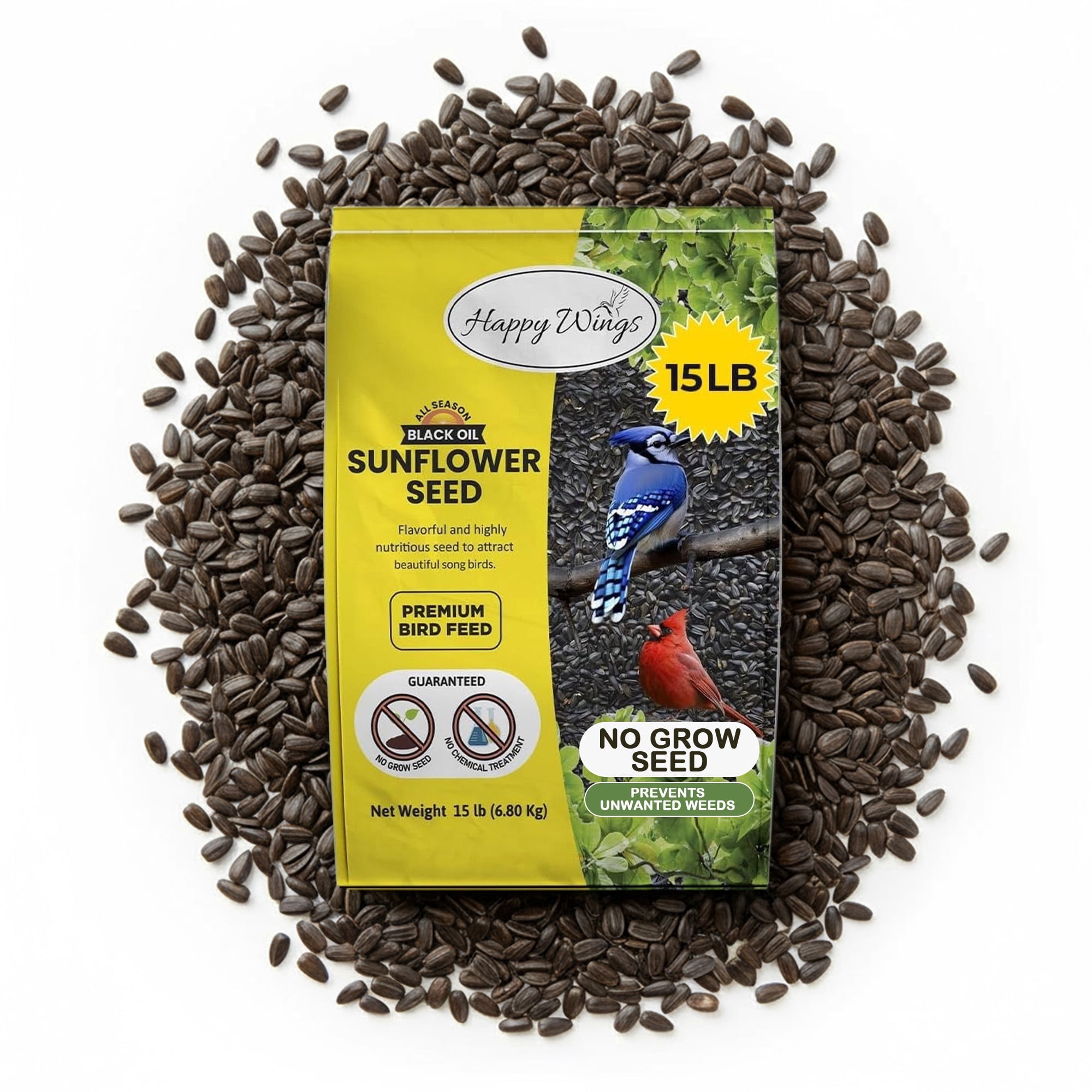 Happy Wings Black Oil Sunflower Bird Food, No Growth Seed, New 15 lb. Bag