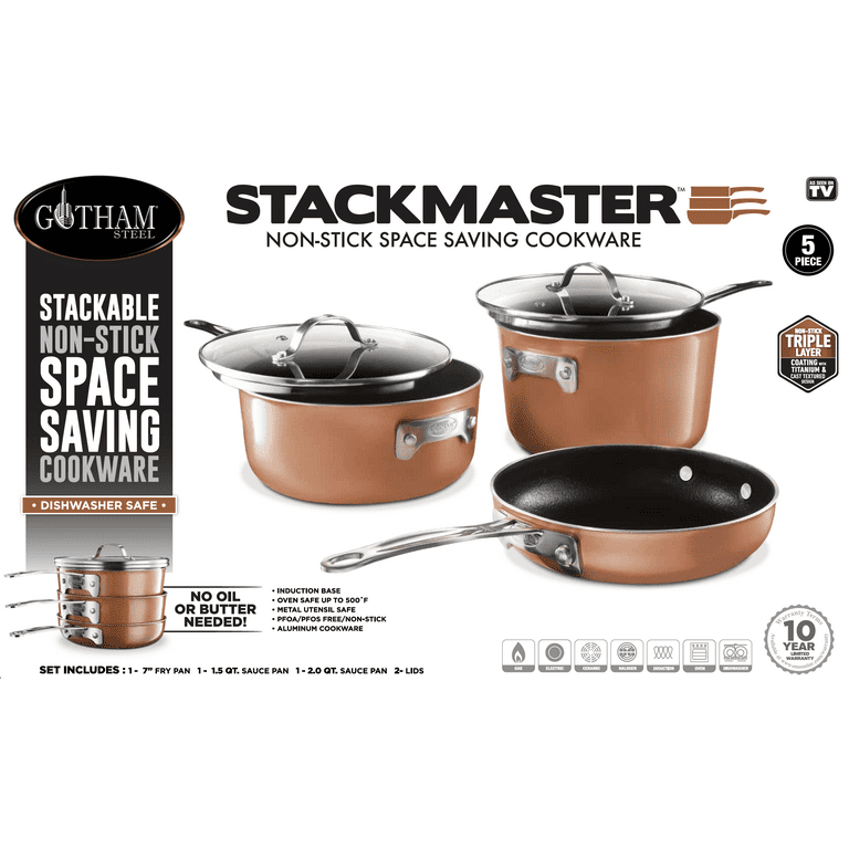  Gotham Steel Stackable Pots and Pans Set – Stackmaster 5 Piece Cookware  Set with Ultra Nonstick Cast Texture Ceramic Coating, Saves 30% Space,  Sauce Pans, Stock Pots, Skillets & More –Dishwasher