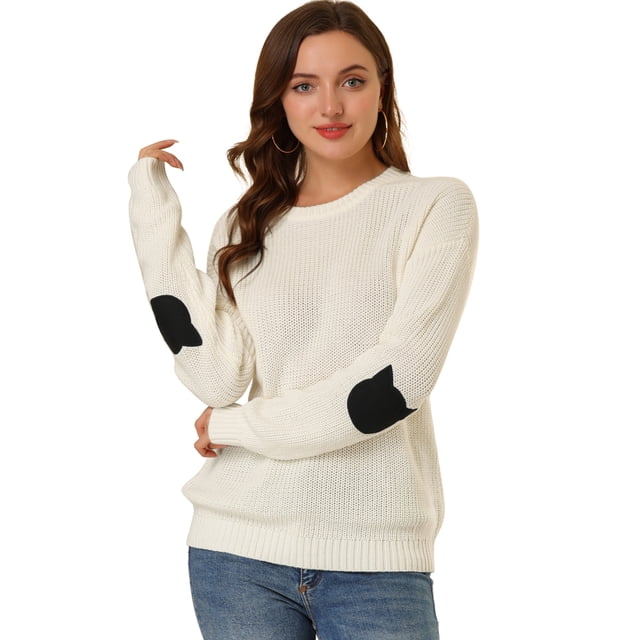 Allegra K Suéter Suelto Para Mujer Caída Del Hombro Parche De Codo De Gato blanco XS