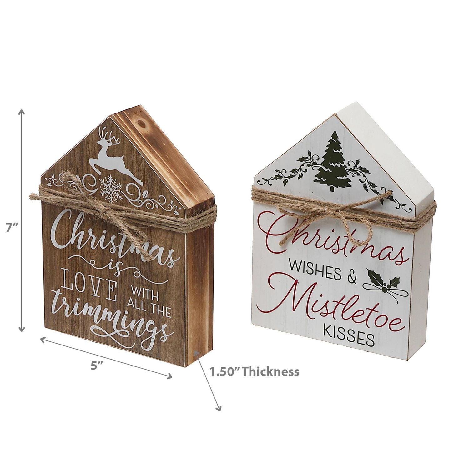 Christmas House Shaped Wood Block With Ribbon  - Set of 2