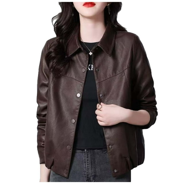 RXMEKW Veste en Cuir pour Femmes Style Moto Courte avec Fermeture à Boutons et Doublure à Col Rond pour Tenue Décontractée et Usage Quotidien