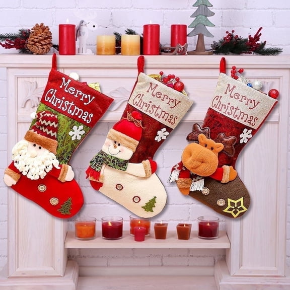 3 Pack 18.5" Christmas Stockings , Classic Large Stockings with 3D Plush Santa, Snowman, Reindeer Xmas Character for Fireplace Family Holiday Christmas Party Decorations