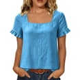 thumbnail image 2 of QUNYINEY Cotton Linen Women's Tshirt Ruffle Summer Short Sleeve Tunic Tops Loose Fit Square Neck Solid Casual Pullover Shirts, 2 of 7