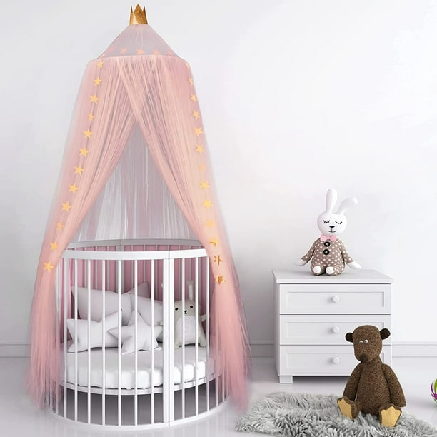 Bed Canopy for Kids Girls Boys Baby, Crown Princess Canopy Round Dome Stars  Mosquito Net Tent Bedroom Indoor Outdoor Castle Crib Canopy for Children  Reading House Decor (Pink, 10 Layers Yarn) 