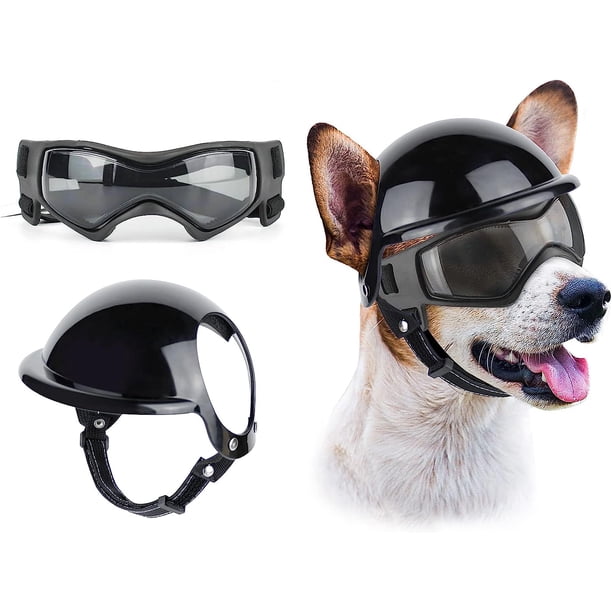 Gafas de sol para perros resistentes a los rayos UV con casco para mascotas, a prueba de viento y protección ocular para perros pequeños y medianos