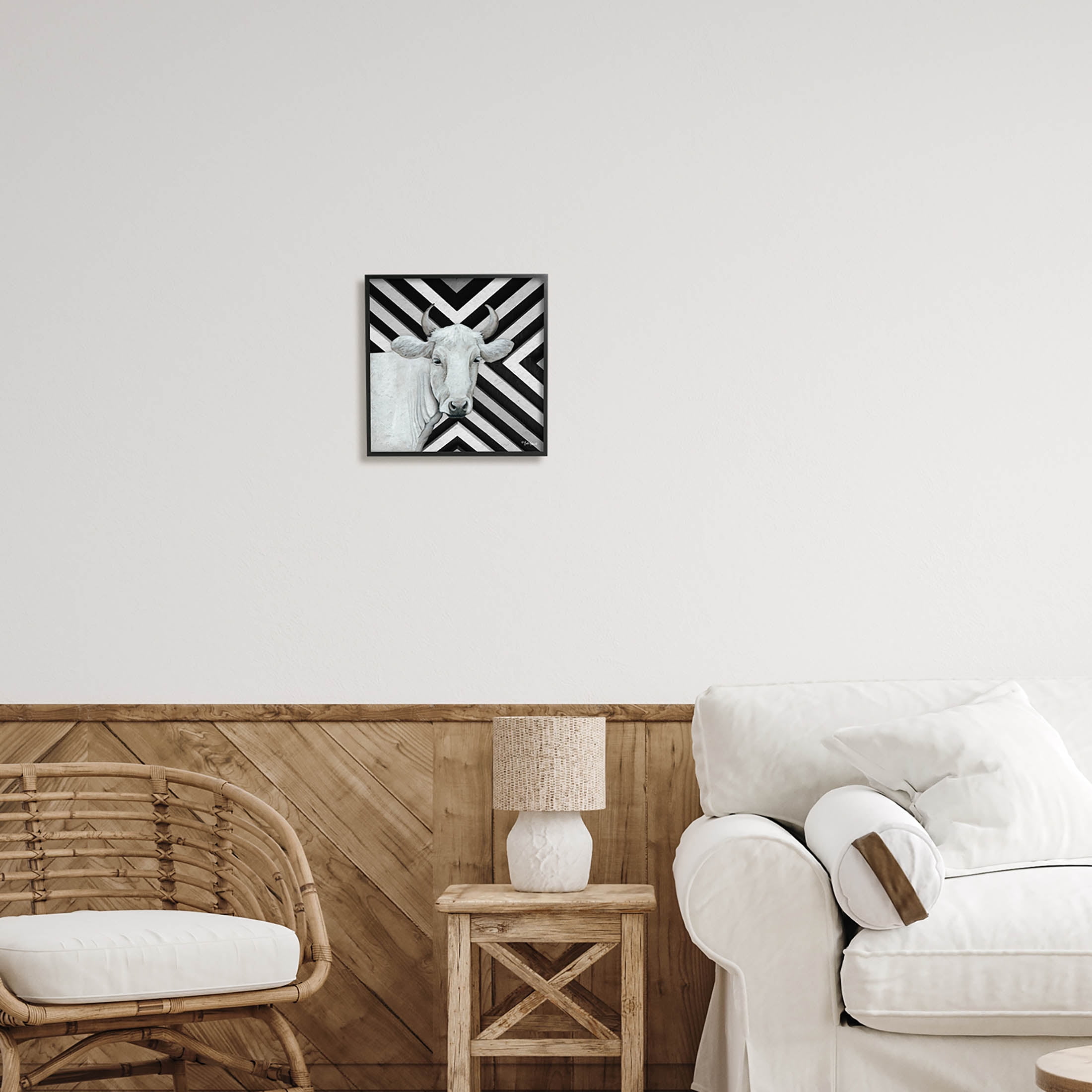 White Cattle Chevron Stripes Animals & Insects Graphic Art Black Framed Art Print Wall Art