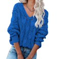 thumbnail image 1 of Women's Sweater V-Neck Hollow Cable Knit Tops Long Sleeves Solid Color Knit Shirt for Daily Fall Winter New, 1 of 5