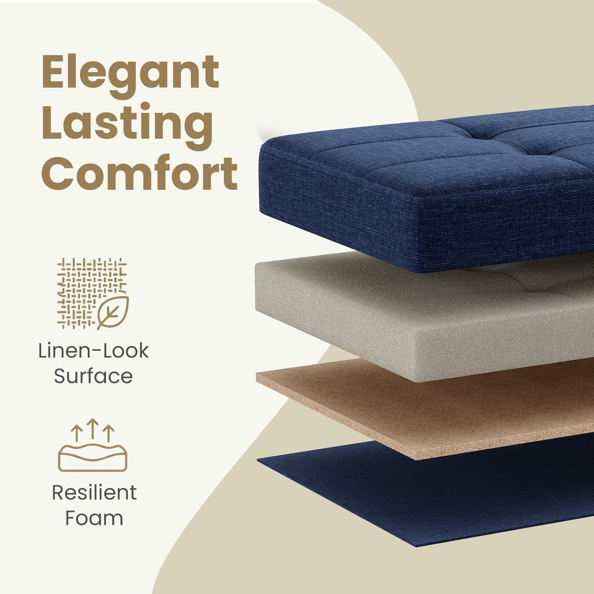 Ledrem Midnight Blue Linenette Fabric Folding Storage Ottoman Bench with Footrest, Large