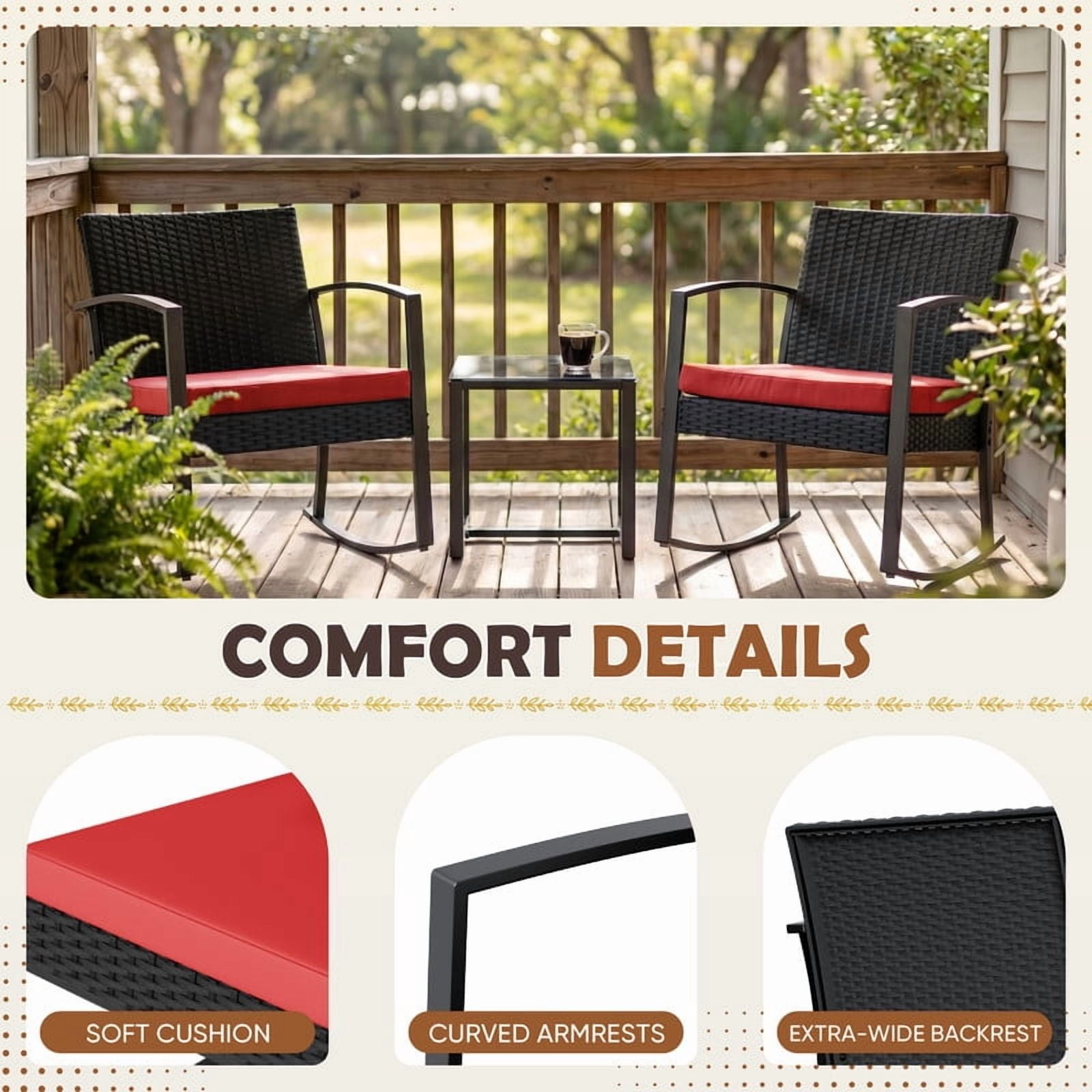 Homall Patio Furniture Set Outdoor Rocker All Weather PP Rocking Chair with Cushion Set of 3, Red