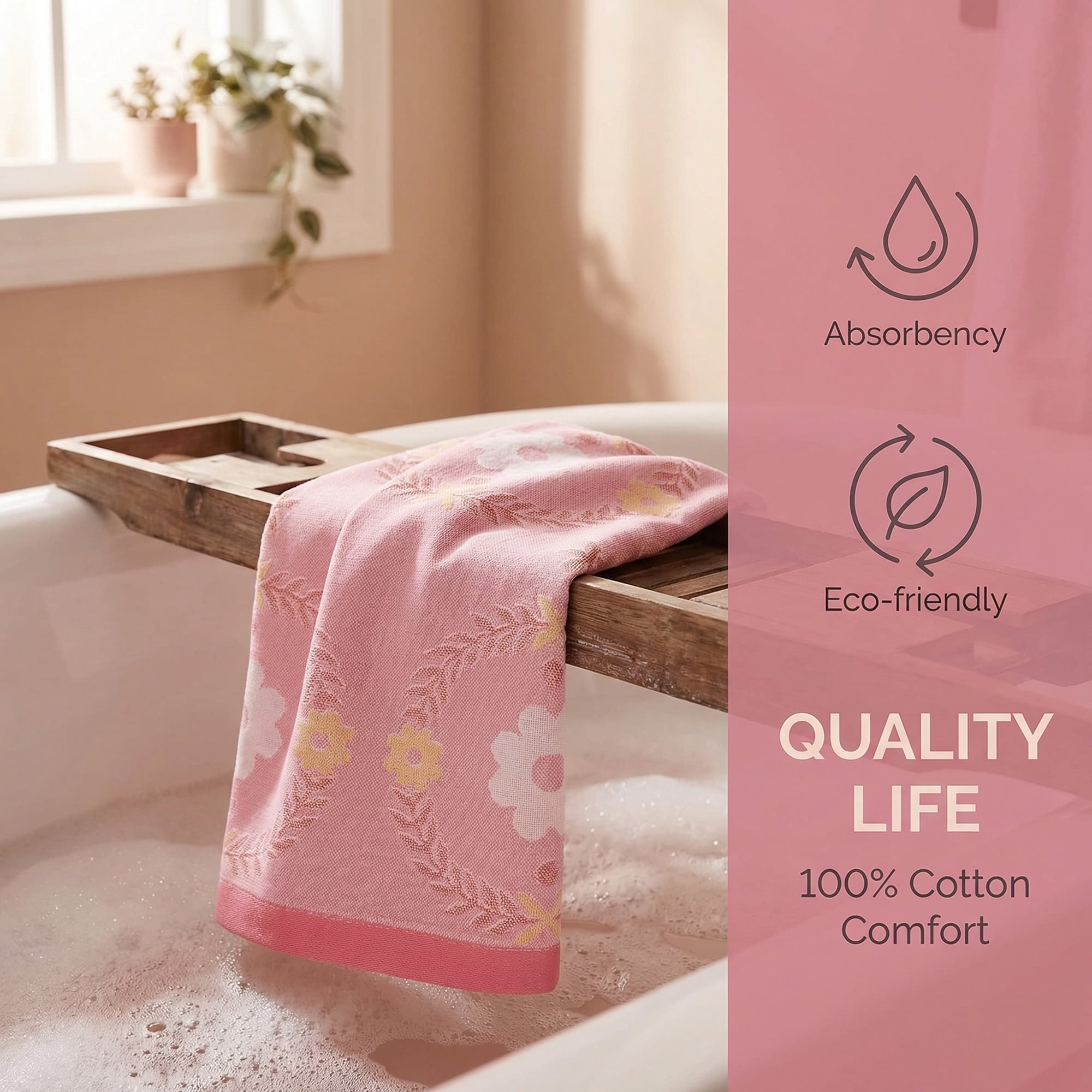 Unique Bargains Cotton Floral Jacquard Hand Towel Soft Absorbent Green Pink 29" x 13"