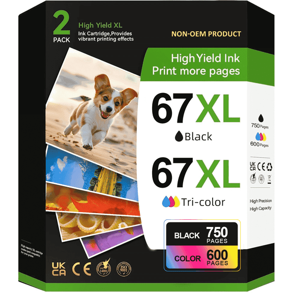 67xl 67 Ink Cartridges 2 Pack Compatible for HP 67XL Deskjet 2742e 2752e 2755e (Black, Tri-Color)