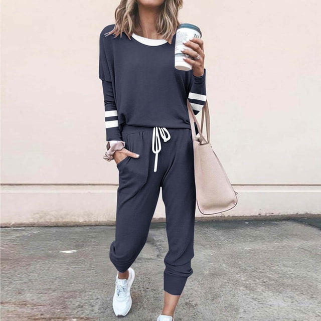AXXD Ensembles 2 Pcs pour Femmes, Polyester, Col Rond, Manches Longues, Marine, Chandails pour Femmes en Liquidation à Moins de 10,4TG (US:16)