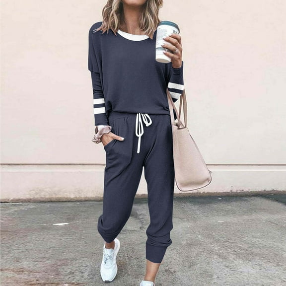 DailyTrove Women's Long Sleeve Drawstring Tracksuit - Solid Color, Casual Style, Fall & Outdoor Leisure Wear,Navy