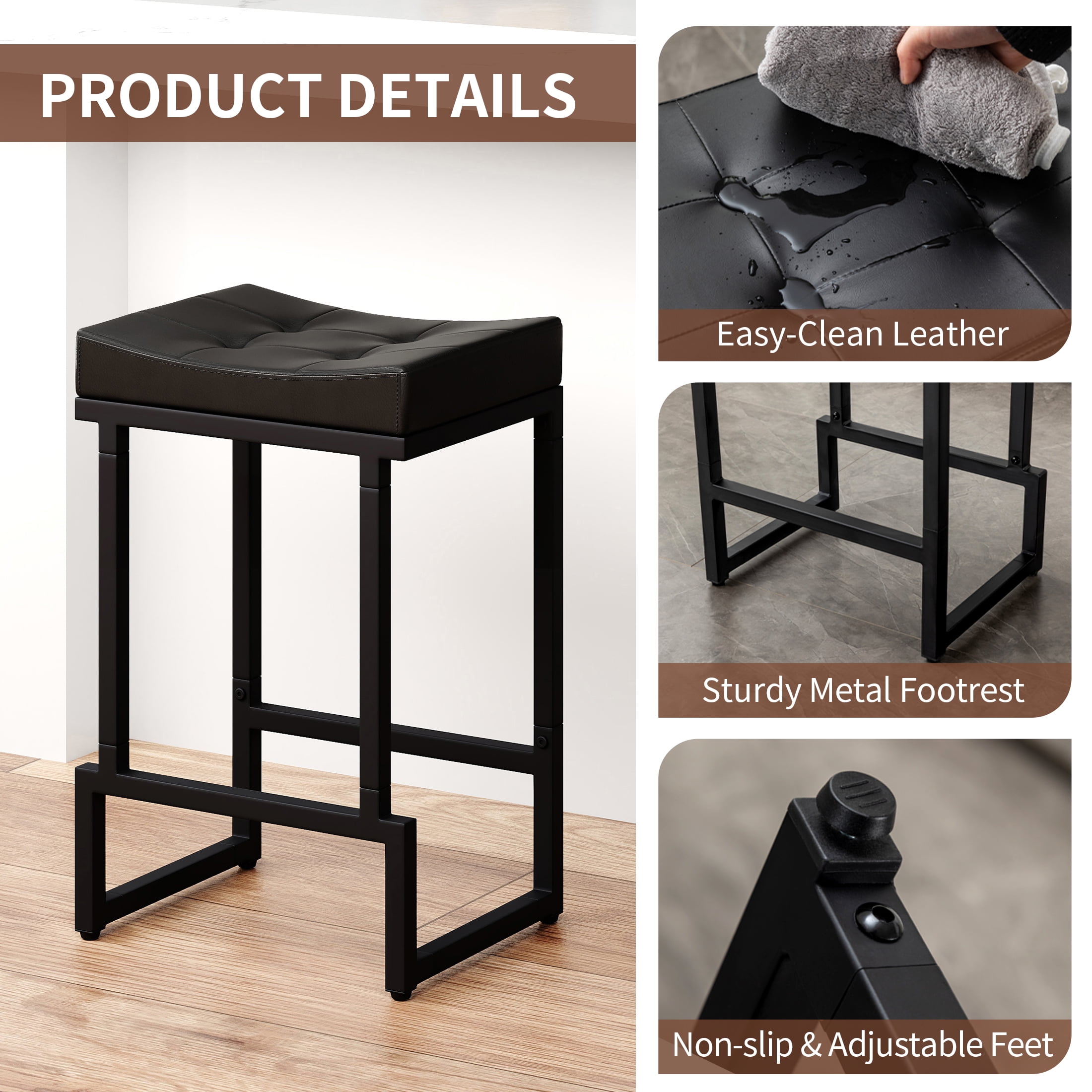 FIRAVOE Bar Stools Set of 3, Backless Counter Height Bar Stools (24") Modern Faux Leather Saddle Barstools for Kitchen Island, Black