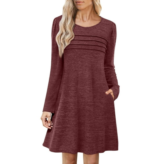 Besolor Women's Long Sleeve Tunic Dress Casual Crewneck Pleated Front Mini Fall Dresses with Pockets