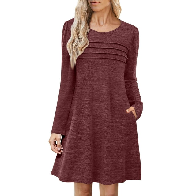 Lenpel Robes d'Automne pour Femmes Manches Longues Col Rond Plissé devant Longueur Genou Robes Décontractées Douces avec Poches (Vin, Grand)