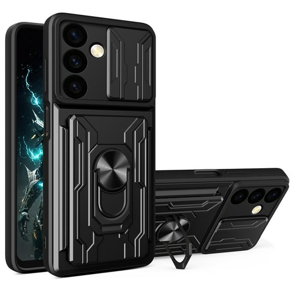 CCSmall for Samsung Galaxy A55 5G Case with Card Holder & Slide Camera Cover, Military Grade Drop Protection Cover with Ring Kickstand Cell Phone Case for Samsung A55 5G LJK Black