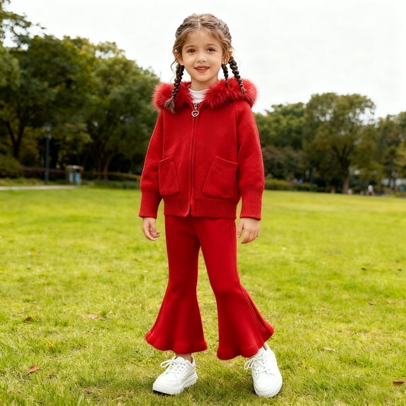 Tfken Girls Child Toddler Outfit Sets Comfy Soft Holiday Daily Girls Hooded Sweatshirts With Flare-Leg Pants Set Comfortable Fashion Children Trendy Outfit Size 110
