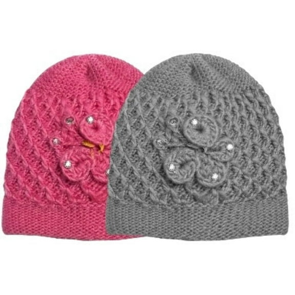 2 Pcs, Womens Wool Knitted Crochet Beanie Hat with Flower for Cold Weather Protection - One Size fits Most.