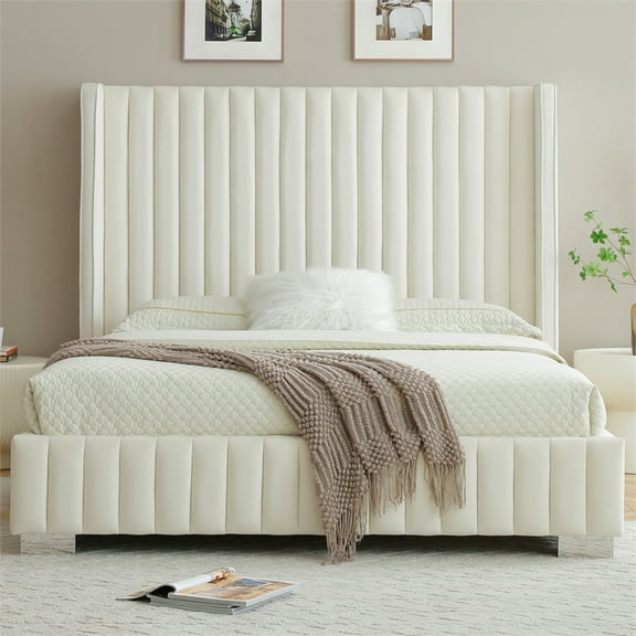 Jeffrey King Size Velvet Upholstered Bed Frame in Cream