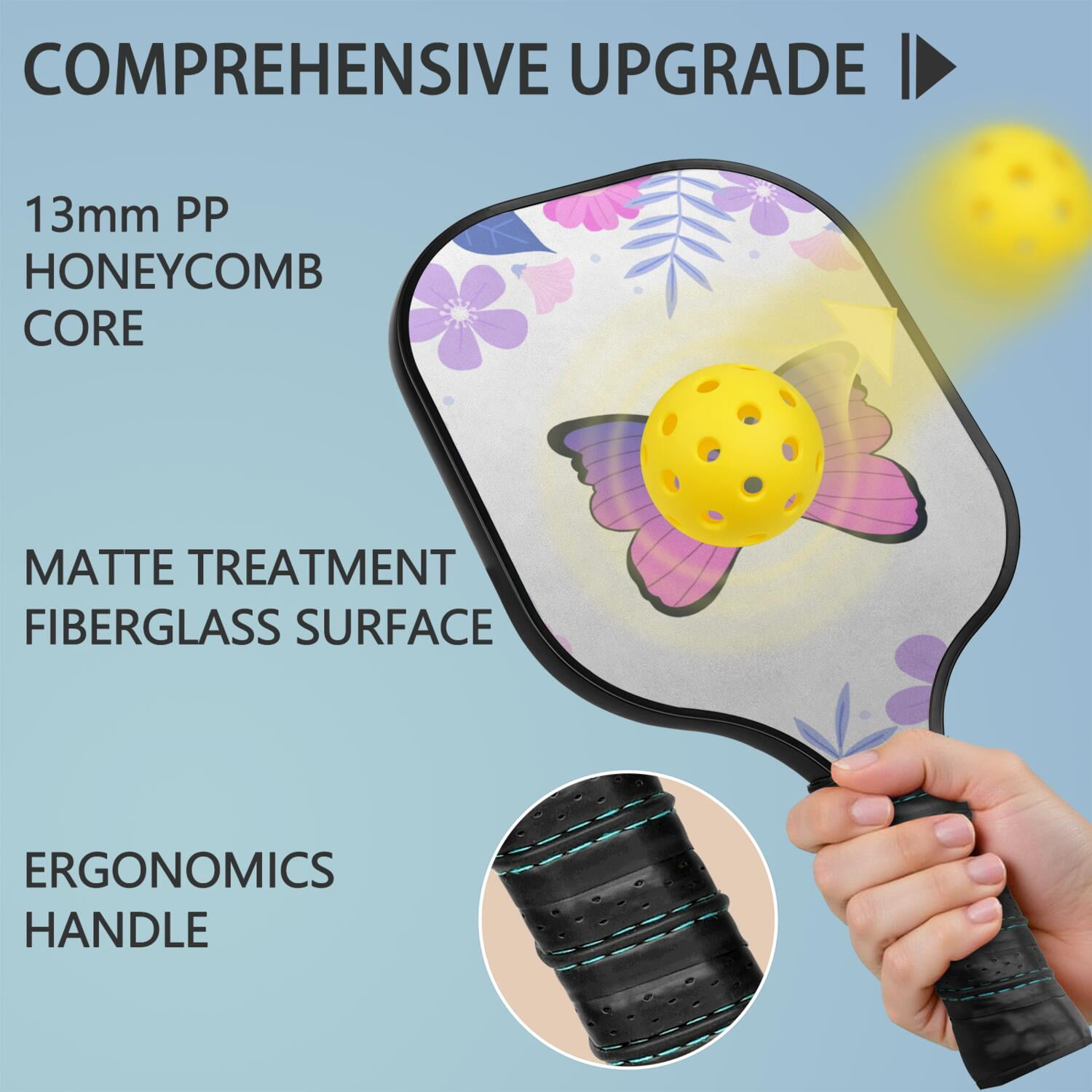 Pickleball Paddles Set Of 1, Fiberglass Surface, Butterfly Print, 1 Paddle, 2 Balls & Bag