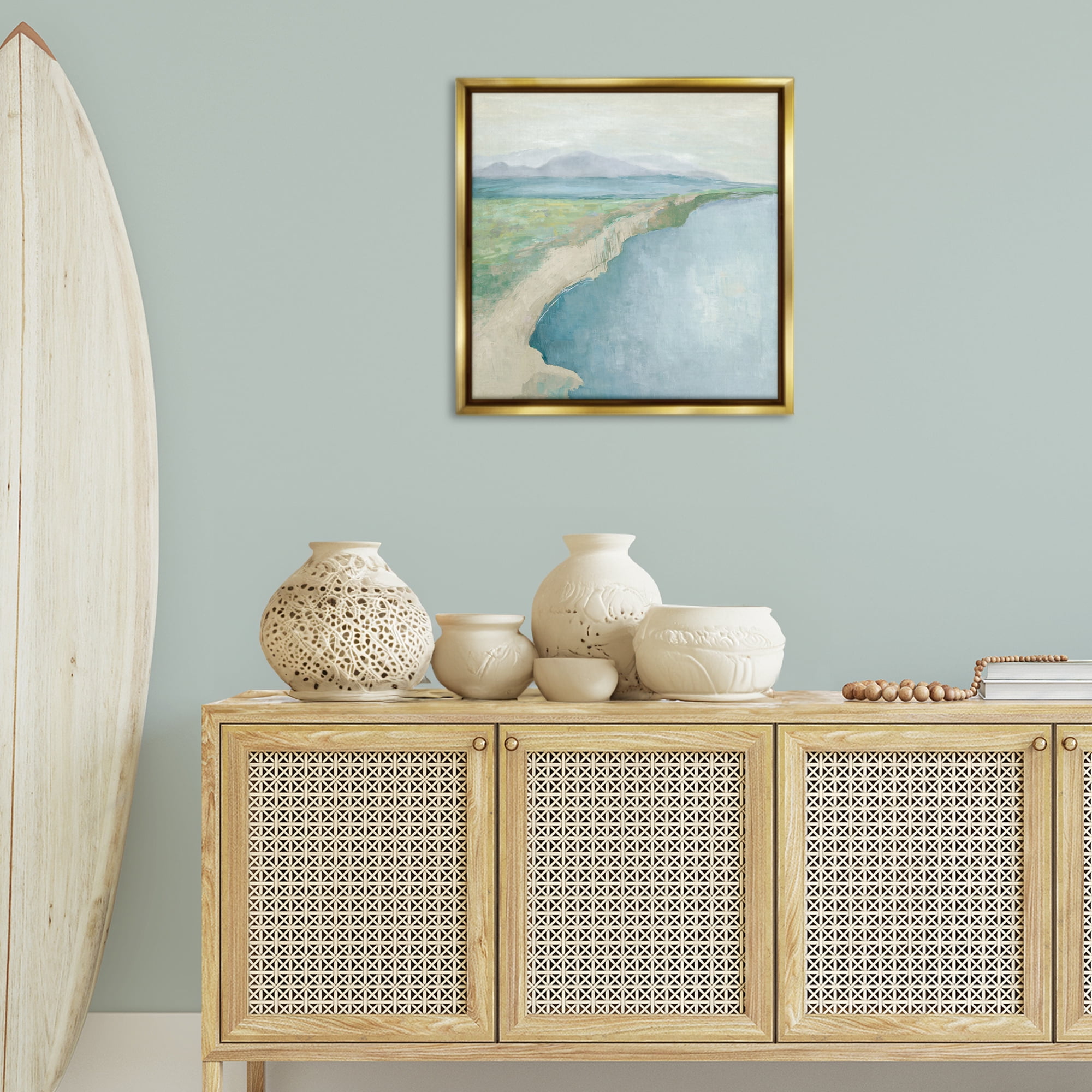 Stupell Industries Curving Shoreline Landscape Nautical & Beach Painting Gold Floater Framed Canvas Art Print Wall Art, 25 x 25