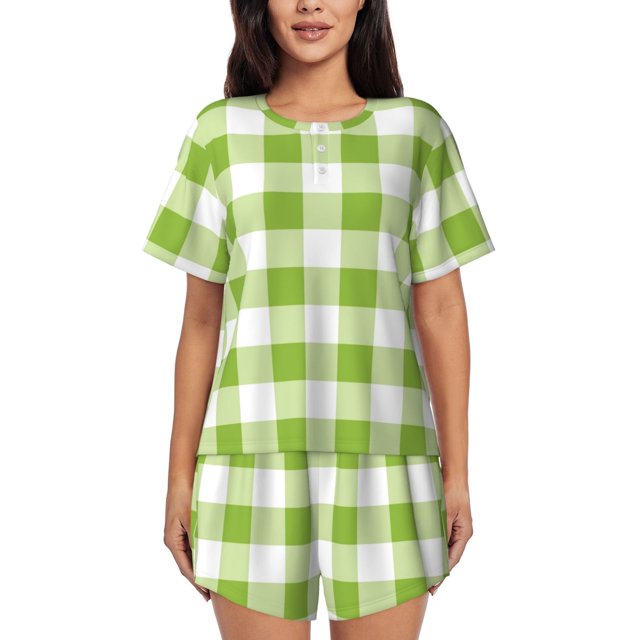 Fotbe White Green Plaid Conjunto de Pijama Estampado para Mujer, 2 Piezas, Ropa de Dormir con Camiseta de Manga Corta y Shorts Suaves-Small
