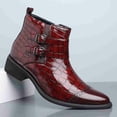 thumbnail image 2 of Men's Crocodile-Embossed Patent Leather Chelsea Boots with Double Buckle Strap, Low Heel Pointed Toe Cowboy Boots, 2 of 6