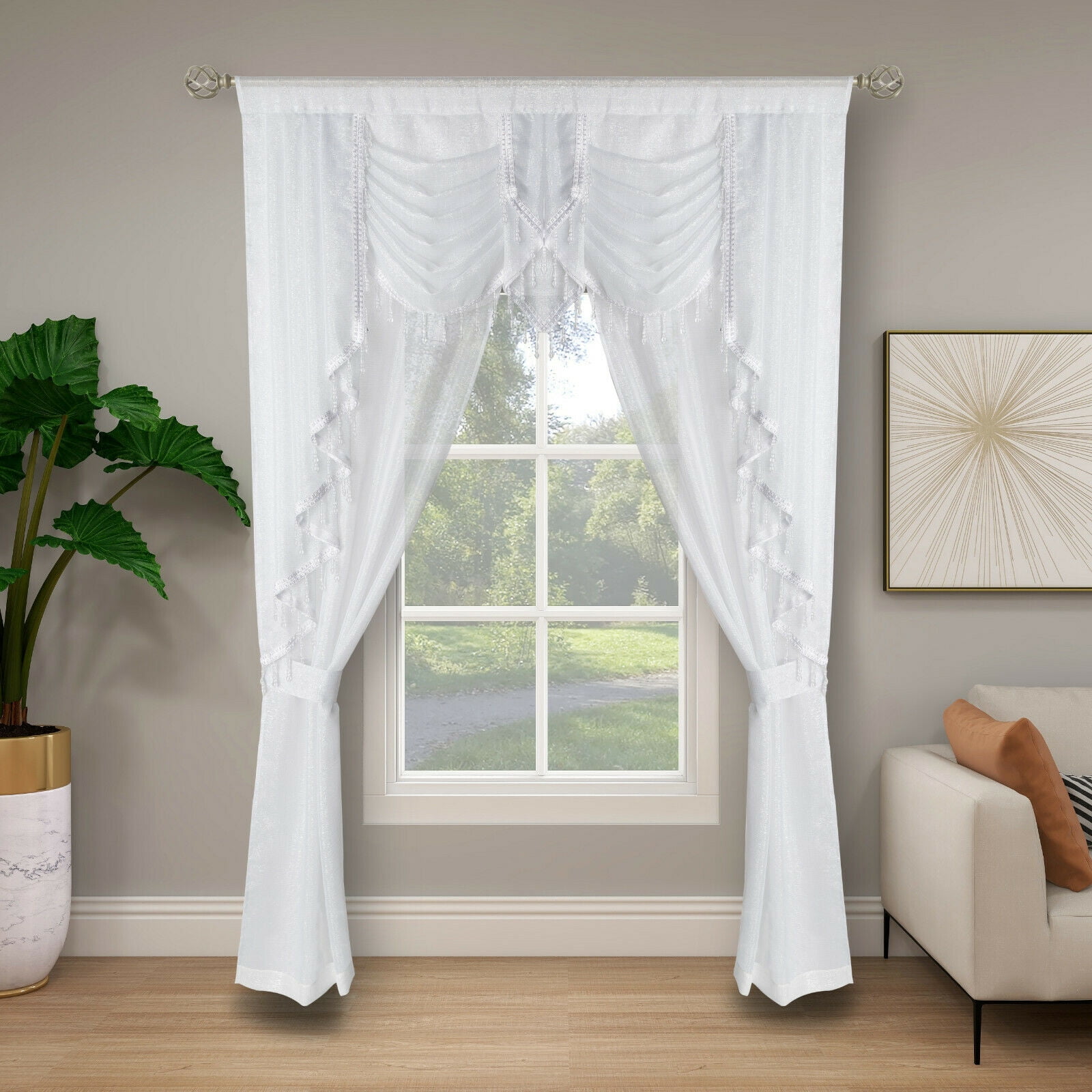 Ultra Glam Beaded Sparkly Sheer Window in a Bag Curtain Set - White ...