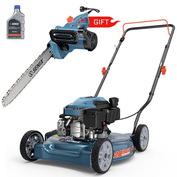 SENIX 144cc 20" Gas Push Lawn Mower,Gift Includes 14" 10A Electric Corded Chainsaw