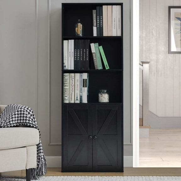 Black 5-Tier Bookshelves for Living Room, Farmhouse Tall Bookcase with Doors, Wooden Bookshelf with Storage Cabinet and Shelves for Living Room, Home Office