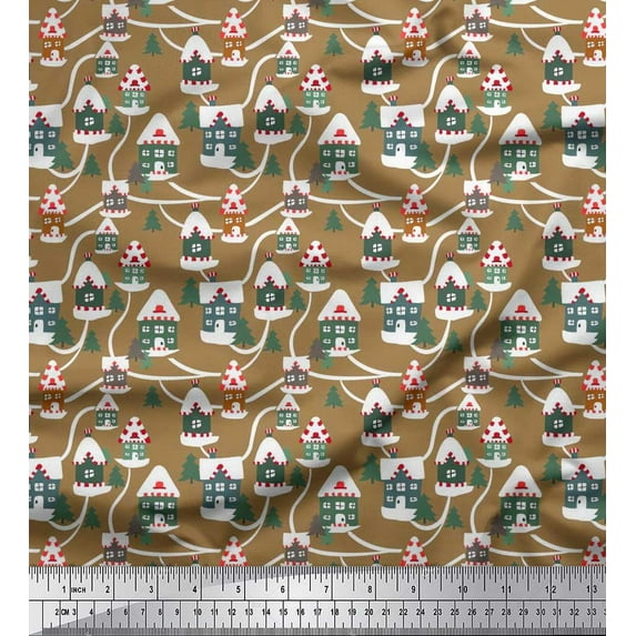 Soimoi Rayon Fabric Tree & House Architectural Print Fabric by The Yard 56 Inch Wide
