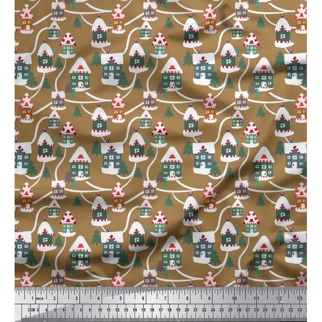 Soimoi Rayon Crepe Fabric Tree & House Architectural Fabric Prints by Yard 46 Inch Wide