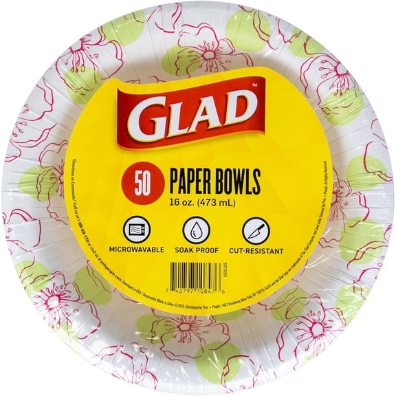 Round Disposable Paper Bowls, Pink Flower Design - Heavy Duty, Soak Proof, Cut-Resistant, Microwavable Bowl for All Foods & Daily Use, 16 Oz, 50 Count