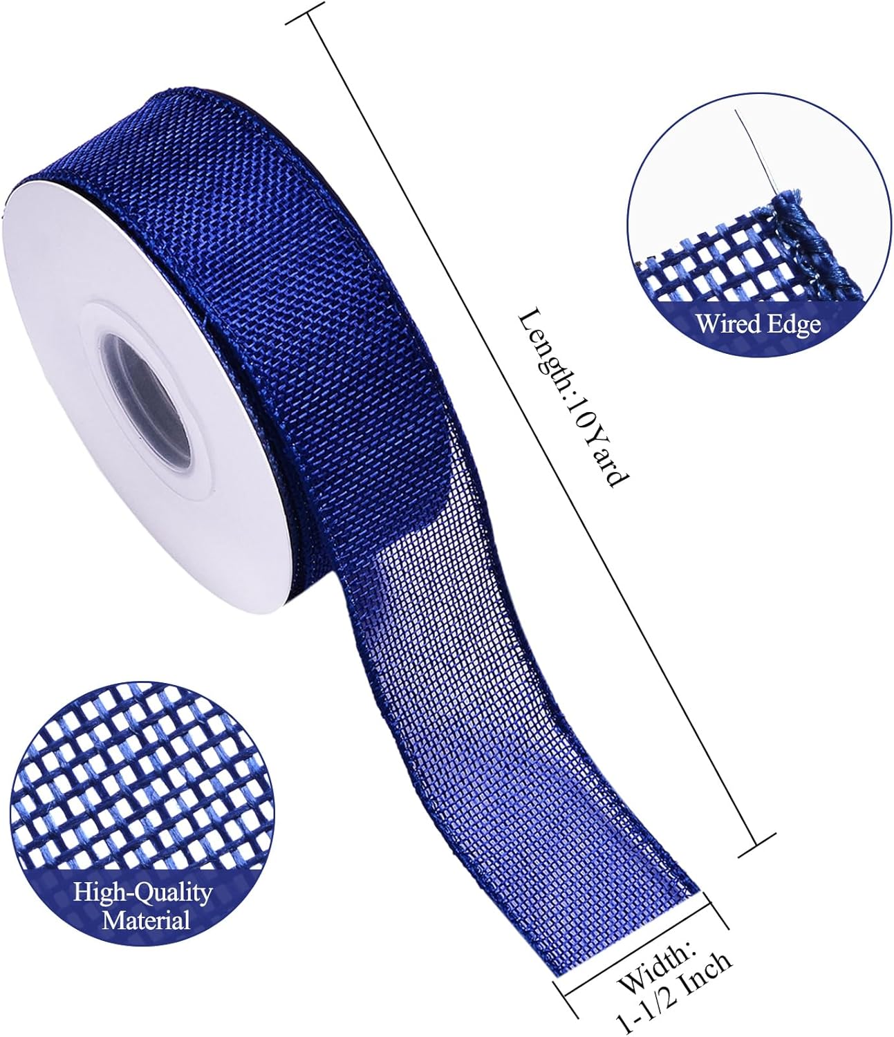 Burlap Dark Blue Wired Ribbon, 1 1/2 inch 10 Yard, Jute Ribbon for Decoration Bows Craft Gift Wrapping Wreath Sewing