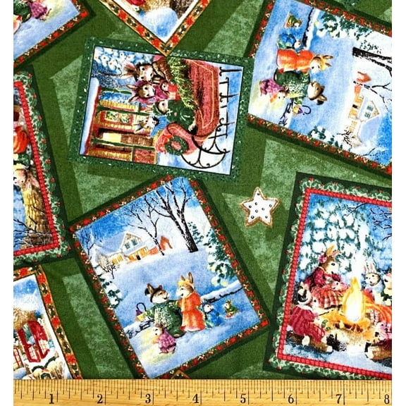 1 Fat Quarter - Bunnies Bunny Rabbit Holly Pond Hill Christmas on Green Cotton Fabric - 21" X 18"