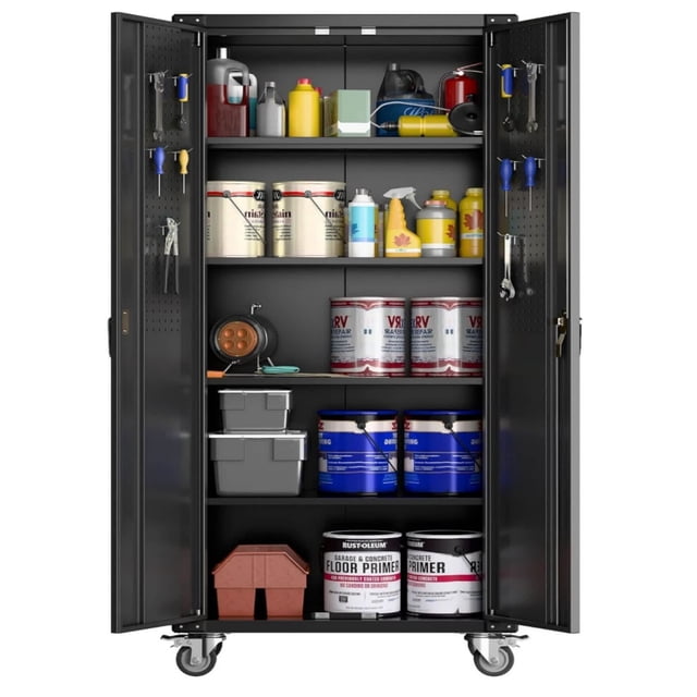 Bingirl Armoire de Rangement en Métal de 72 Pouces, 4 Pieds Réglables et Serrure avec Portes et 4 Tablettes Réglables, Noir