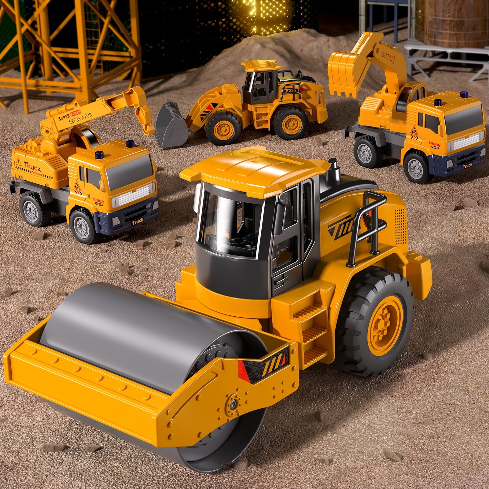 Lucky Doug ConstructionTruck Toy, 4 in 1 Construction Vehicle Toys - Excavators, Cranes, Bulldozer, Road Roller, Truck Toy for 3-6 Years Old Boy