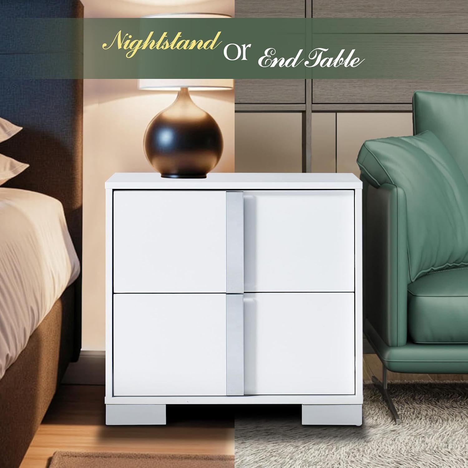VanAcc Nightstand Set of 2 with Drawers & High Gloss UV Finish,Storage End Tables for Bedroom,White