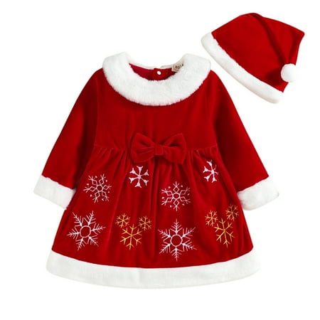 

Maean Girl s Christmas Outfit Velvet Bow Knot Snowdrops Printed Dress and Christmas Hat Winter Warm Set for Children