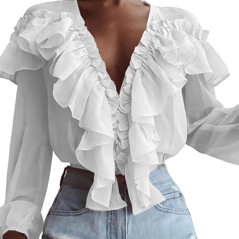 Women Lace Ruffle Collar Shirt Pleated Long Sleeve Slim Button Blouse White Tops 