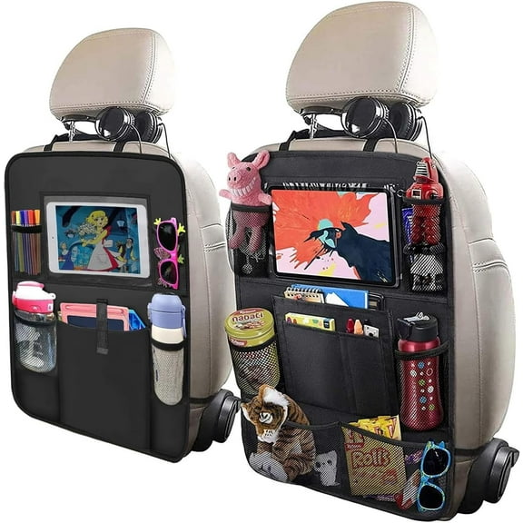 2 Pack Car Backseat Organiser with 10" Tablet Holder Anti Kick Mats Back Seat Protector Car Back Seat Organizer for Kids Car Travel Accessories Kids Toy Storage with 9 Storage Pockets