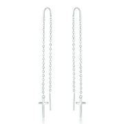 Sterling Silver Bar Stud with Hanging Cross Chain Earrings